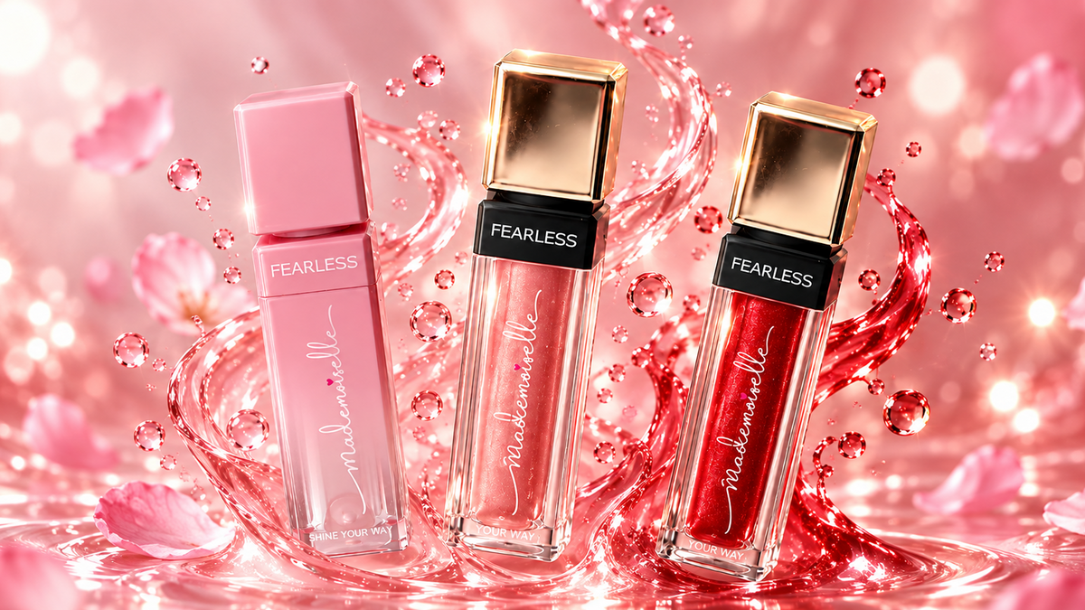 Mademoiselle Beauty lip glosses in a softly lit editorial setting